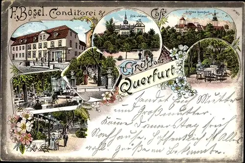 Litho Querfurt im Saalekreis, Schloss, Ständehaus, Konditorei