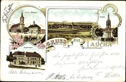 Litho Laucha an der Unstrut, Kirche, Rathaus, Denkmal, Schützenhaus, Blick auf den Ort