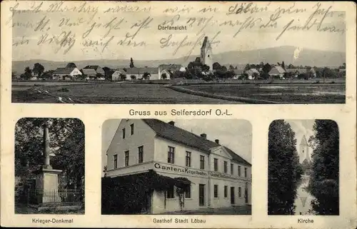 Ak Nieder Seifersdorf Waldhufen in der Oberlausitz, Gasthof Stadt Löbau, Kirche, Kriegerdenkmal