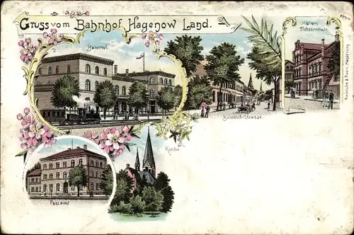 Litho Hagenow in Mecklenburg, Bahnhof, Gleisseite, Höhere Töchterschule, Postamt, Kirche