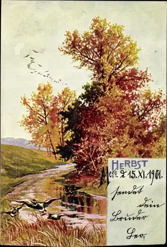 Künstler Ak Allegorie, Herbst, Flusspartie, Landschaft, Enten