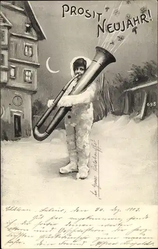 Ak Glückwunsch Neujahr, Kind mit Musikinstrument, Mondschein