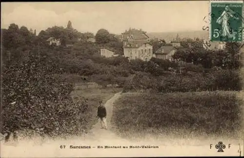 Ak Suresnes Hauts de Seine, En Montant au Mont Valerien