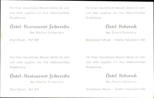 Ak Brodenbach an der Terrassenmosel, Eller an der Mosel, Hotel Rebstock, Hotel Restaurant Friderichs