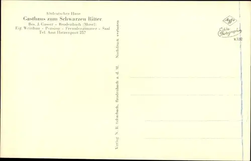 Ak Brodenbach an der Terrassenmosel, Gasthaus Schwarzer Ritter, Bes. J. Gasser, Zeichnung v. Ritter