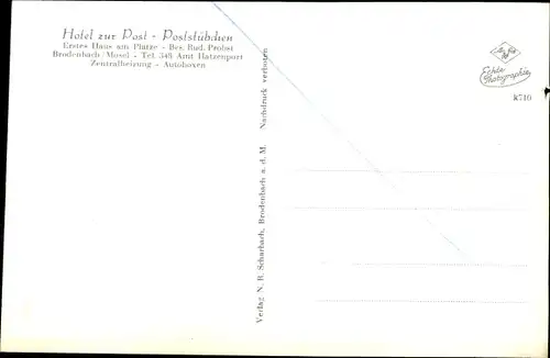 Ak Brodenbach an der Terrassenmosel, Hotel zur Post, Poststübchen, Eingang