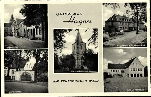 Ak Hagen im Teutoburger Wald, Dorfbrunnen, Krankenhaus St. Anna Stift, Volksschule, Pfarrkirche