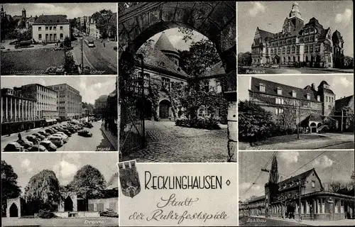 Ak Recklinghausen im Ruhrgebiet, Lohtor, Markt, Ehrenmal, Rathaus, Berufsschule, Engelsburg, Saalbau