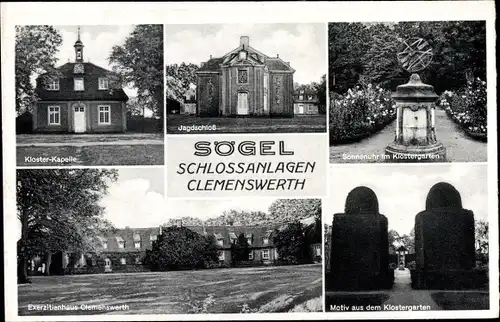 Ak Sögel Emsland, Schlossanlagen Clemenswerth, Klosterkapelle, Jagdschloss, Sonnenuhr, Klostergarten