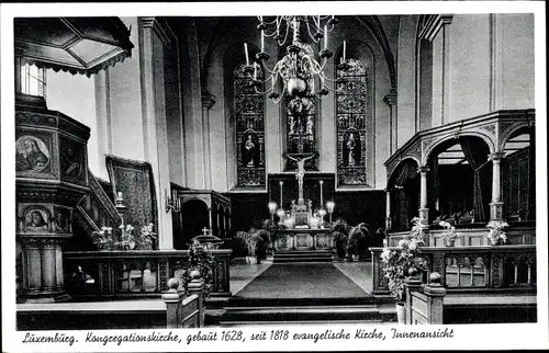 Ak Luxemburg, Innenansicht der Kongregationskirche, Altar, Kanzel, Kronleuchter, Fenster