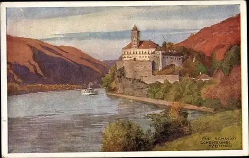 Künstler Ak Schmidt, R., Schönbühel Aggsbach in Niederösterreich, Blick auf ein Schloss, Dampfer