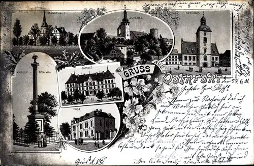 Litho Querfurt im Saalekreis, Ständehaus, Schloss, Rathaus, Kriegerdenkmal, Postamt, Schule