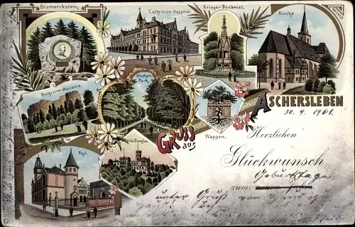 Litho Aschersleben, BIsmarckstein, Hospital, Kriegerdenkmal, Kirche, Post