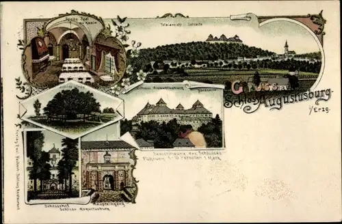 Litho Augustusburg im Erzgebirge, Totalansicht, Schloss, Linde