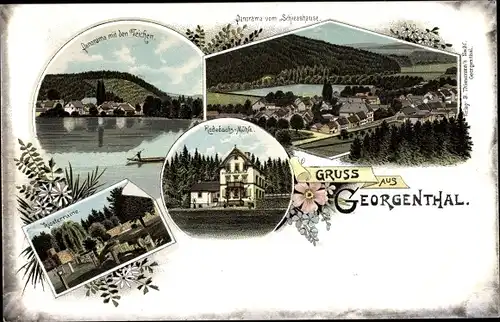 Litho Georgenthal im Tal der Apfelstädt Thüringen, Panorama vom Schiesshaus, Radebach Mühle