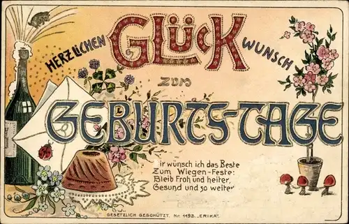 Präge Litho Glückwunsch Geburtstag, Sektflasche, Kuchen, Blumen, Pilzen