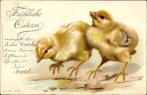 Litho Glückwunsch Ostern, Zwei Küken
