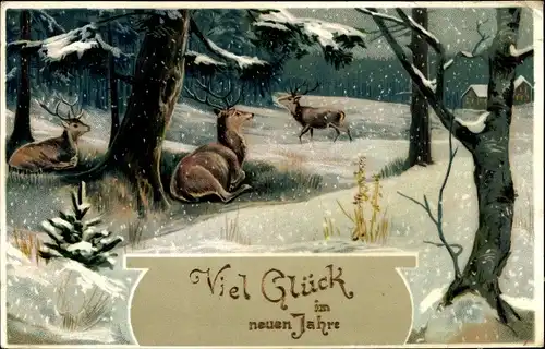 Litho Glückwunsch Neujahr, Hirsche im Schneefall