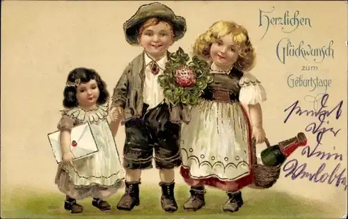 Präge Litho Glückwunsch Geburtstag, Kinder mit Kleeblättern und Sektflasche