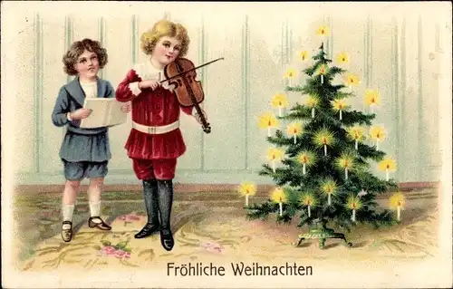 Litho Glückwunsch Weihnachten, Tannenbaum, Kinder mit Geige und Liederbuch