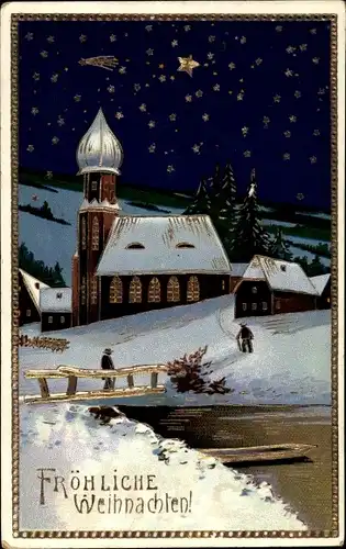 Präge Litho Glückwunsch Weihnachten, Winterlandschaft, Kirche, Sternschnuppe