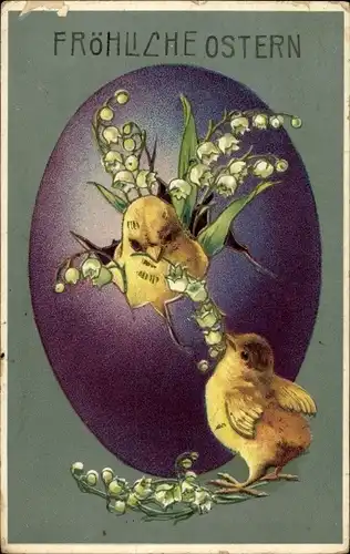 Präge Litho Glückwunsch Ostern, Zwei Küken mit Maiglöckchen