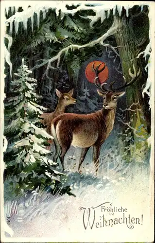 Präge Litho Glückwunsch Weihnachten, Hirsche im Wald
