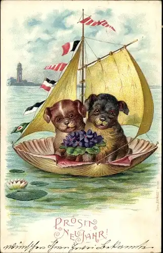 Litho Glückwunsch Neujahr, Zwei Hunde segeln, Muschel, Kitsch, Seerose