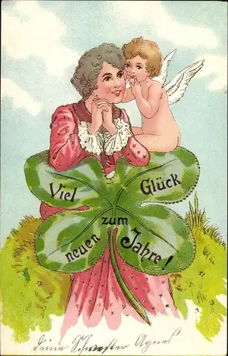 Litho Glückwunsch Neujahr, Engel flüstert Frau ins Ohr, Kleeblatt