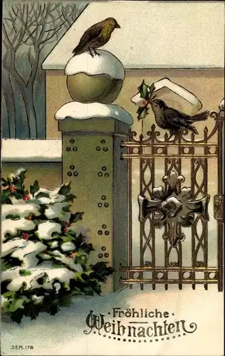 Litho Glückwunsch Weihnachten, Vögel auf einem Tor, Stechpalmenzweige