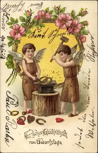 Präge Litho Glückwunsch Geburtstag, Engel schmieden Hufeisen, Herzen, Blumen
