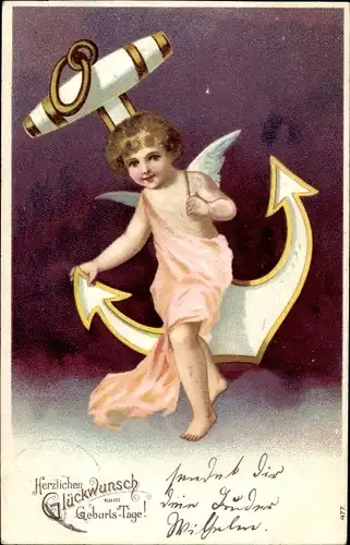 Ak Glückwunsch Geburtstag, Engel mit Anker