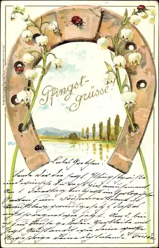 Litho Glückwunsch Pfingsten, Hufeisen, Marienkäfer, Maiglöckchen