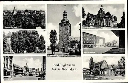 Ak Recklinghausen im Ruhrgebiet, Gesamtansicht, Rathaus, Bahnhof, Saalbau, Engelsburg, St. Peter