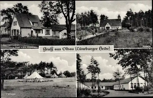 Ak Oldau Hambühren in Niedersachsen, Schule, Zeltlager, Kapelle, Gemischtwaren und Post