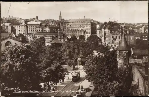 Ak Plauen im Vogtland, Blick vom Rathaus auf Lutherplatz und Bahnhofstraße, Tram