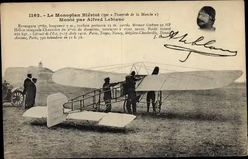 Ak Aviation, Aviateur Alfred Leblanc sur monoplan Bleriot, type Traversée de la Manche