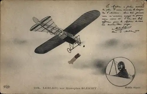 Ak Aviateur Leblanc sur Monoplan Blériot, Pilot, Flugpionier