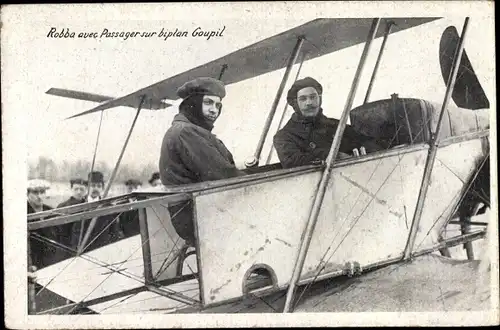 Ak Aviateur Robba avec Passager sur Biplan Goupil