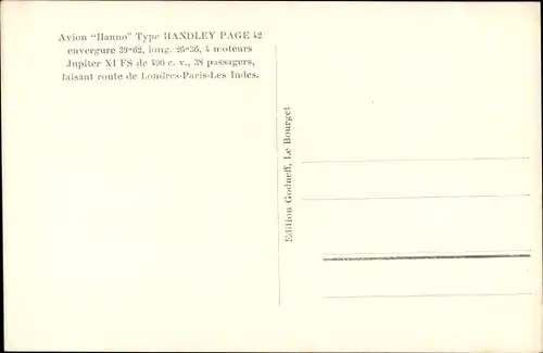 Ak Avion Hanno Type Handley Page 42, Route Paris Londres