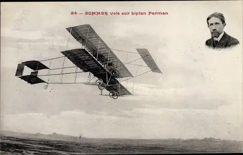 Ak Sommer vole sur biplan Farman, Doppeldecker, Pilot