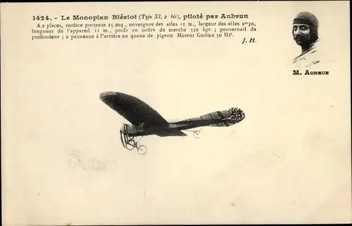 Ak Monoplan Bleriot type XI 2 bis, pilote par Aubrun, Flugzeug, Pilot