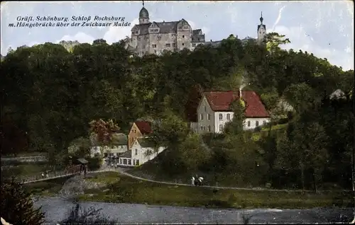 Ak Rochsburg Lunzenau Sachsen, Gräfl. Schönburgsches Schloss, Hängebrücke über Zwickauer Mulde