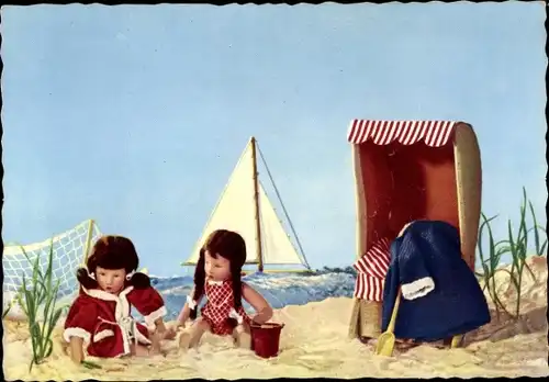 Ak Puppen am Strand, Strandkorb, Segelboot, Käthe Kruse