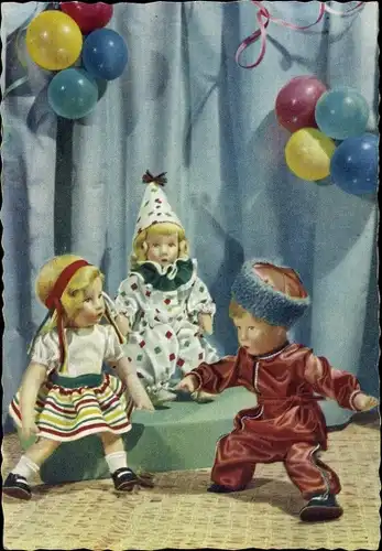 Ak Drei Käthe Kruse Puppen feiern, Kostüme, Luftballons