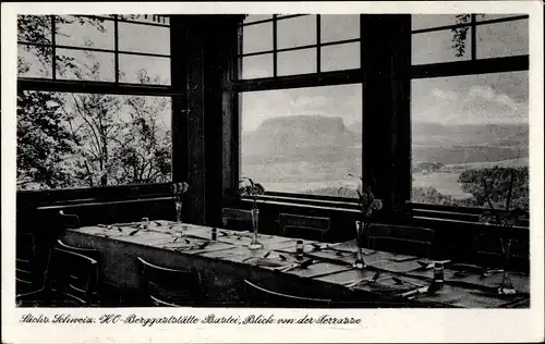 Ak Rathen an der Elbe Sächsische Schweiz, HO Berggaststätte Bastei, Blick von der Terrasse