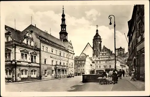 Ak Pirna in Sachsen, Blick auf den Markt, Kirchturm, Autos