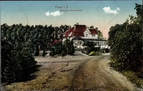 Ak Forst in der Niederlausitz, Totalansicht vom Wehrinsel Restaurant, Anfahrt