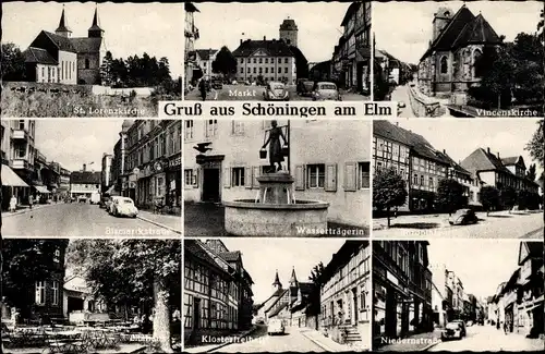Ak Schöningen in Niedersachsen, Ortspartie, Kirchen, Markt, Wasserträgerin