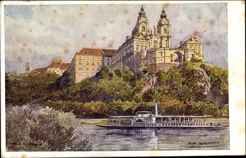 Künstler Ak Schmidt, R., Melk an der Donau Niederösterreich, Schloss, Salondampfer